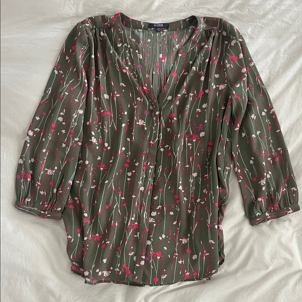 NYDJ Pleated Olive and Pink Floral Blouse